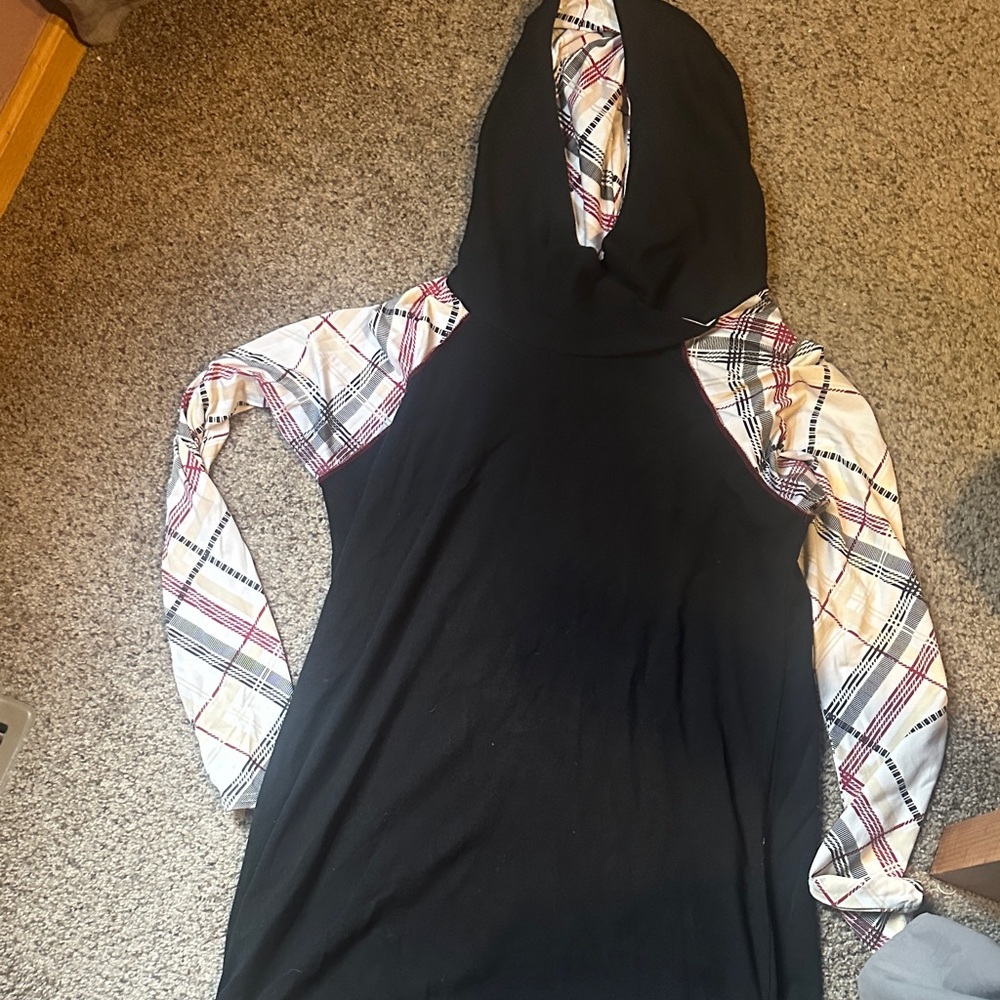 Women's Black Hoodie with Plaid Sleeves